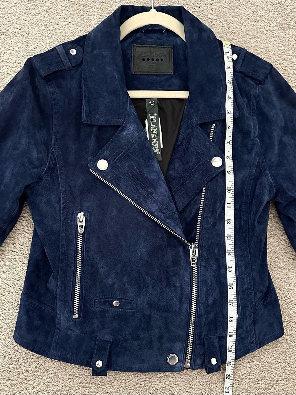100% Suede Leather Fall Navy Blue Moto Jacket - Blank NYC - Picture 10 of 17